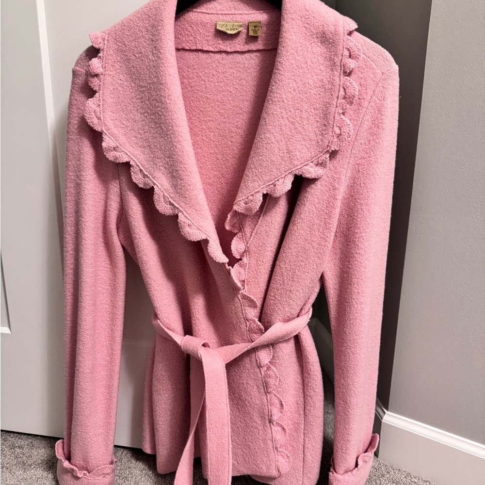 Caslon Pink Ruffled Wrap coat with belt.